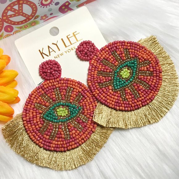 Boho Earrings Fringe Eye Seed Bead Large Post Drop - Picture 5 of 5